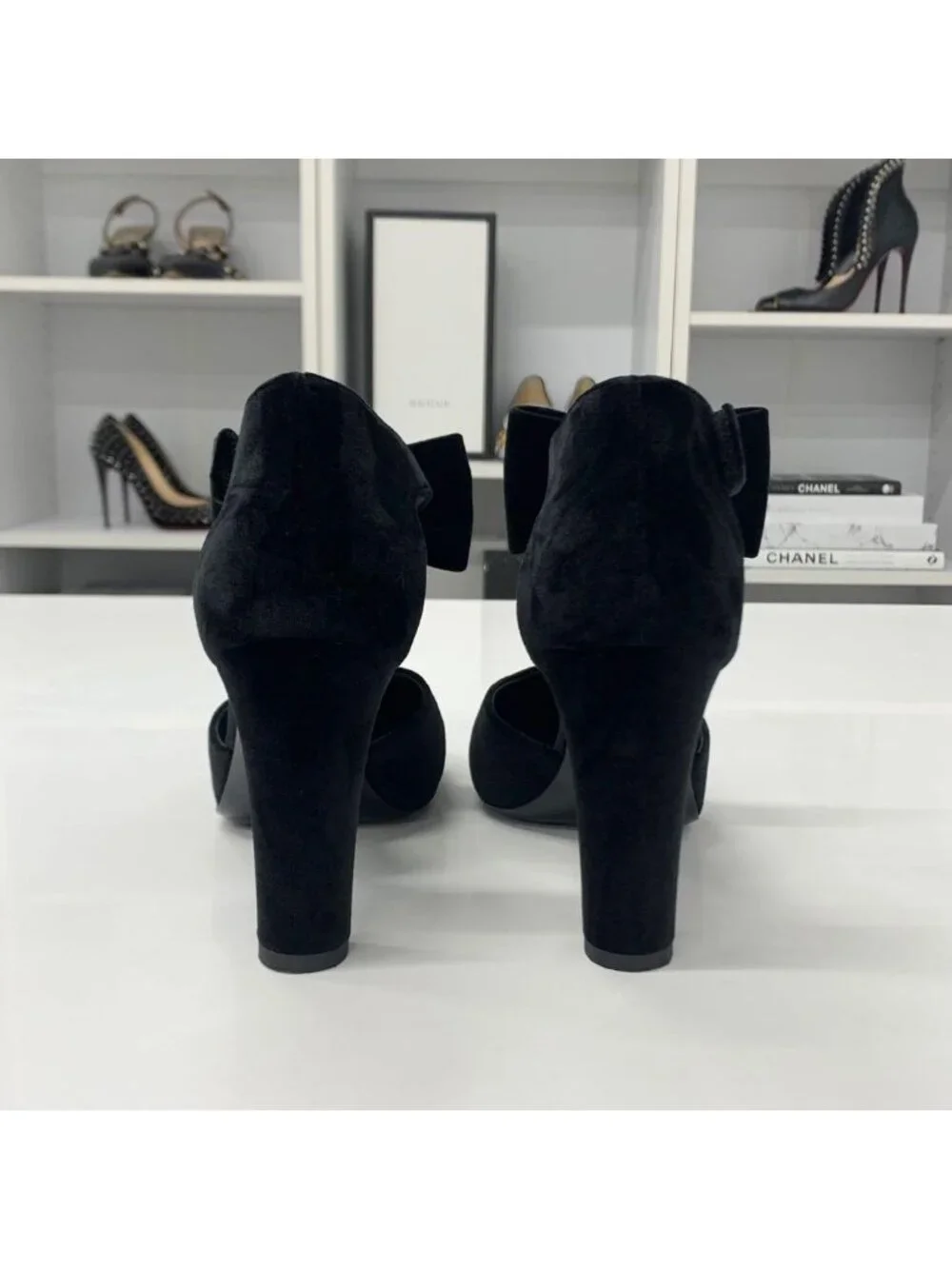 Chanel CC Logo Ribbon Velour Pearl Velcro Strap Pumps Heel
